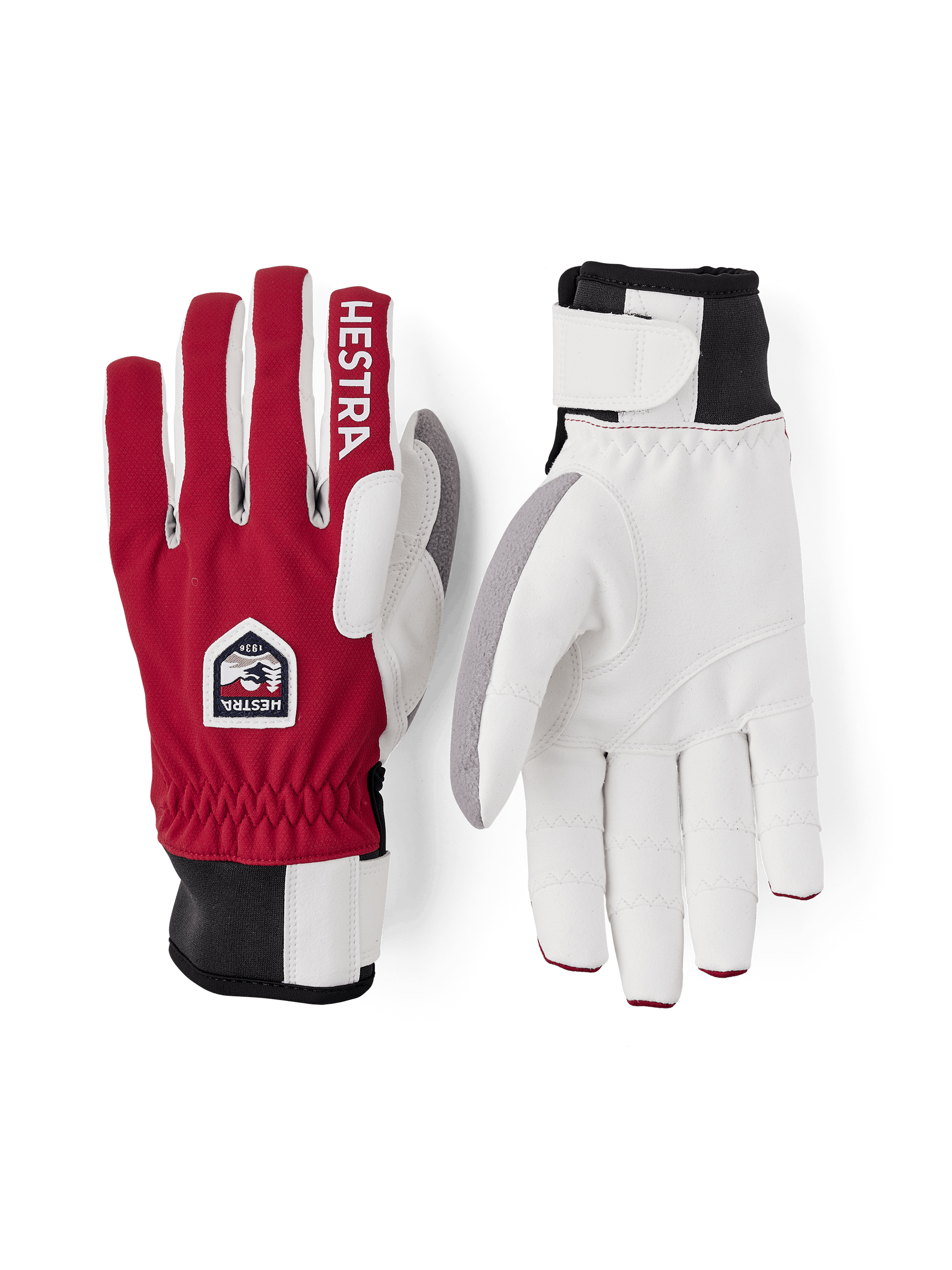 Red fabric cross-country ski glove with white synthetic suede palm (1 of 7)