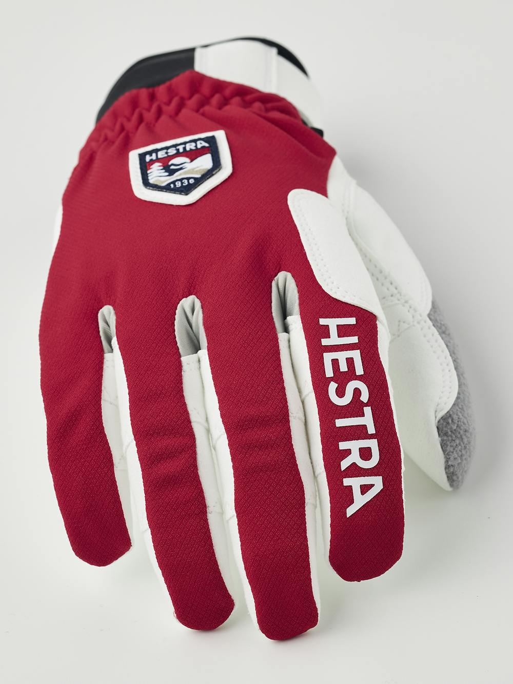 Red fabric cross-country ski glove with white synthetic suede palm (4 of 7)