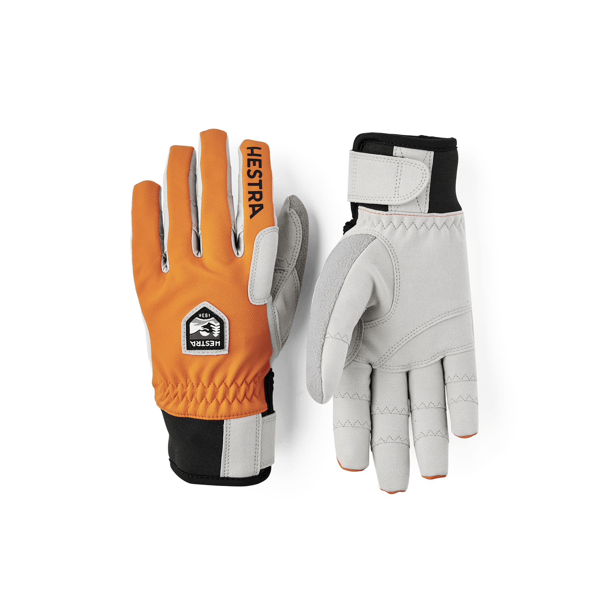 Orange fabric cross-country ski glove with gray synthetic suede palm (1 of 8)