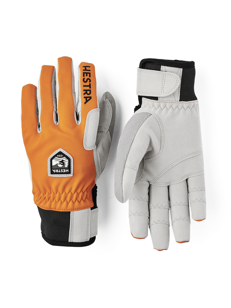 Orange fabric cross-country ski glove with gray synthetic suede palm (1 of 8)