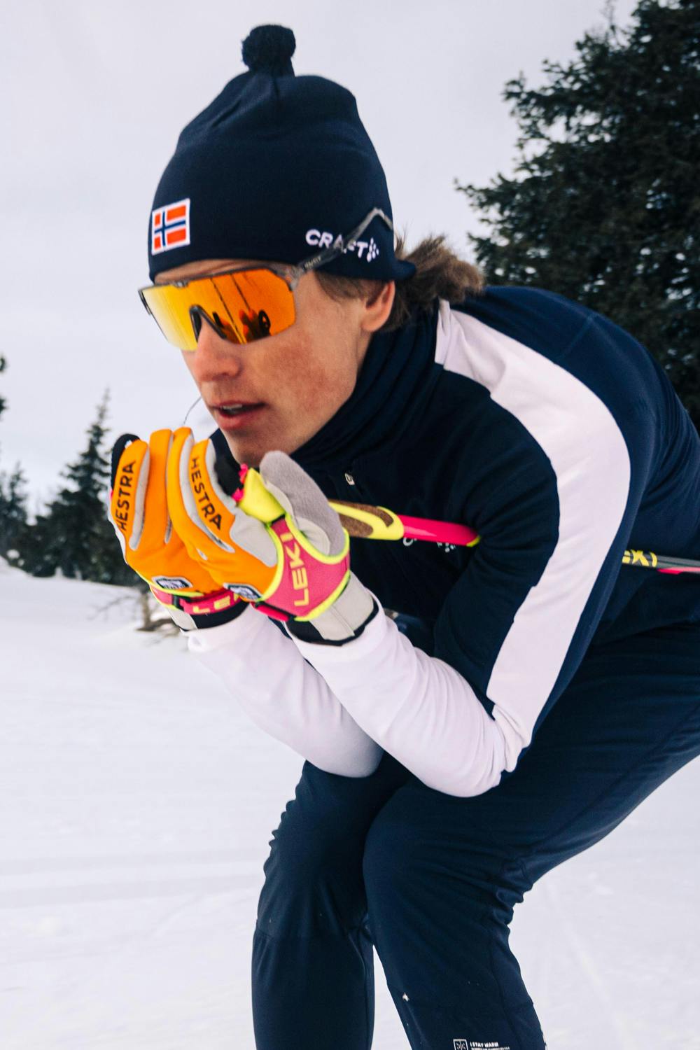 Orange fabric cross-country ski glove with gray synthetic suede palm (3 of 8)