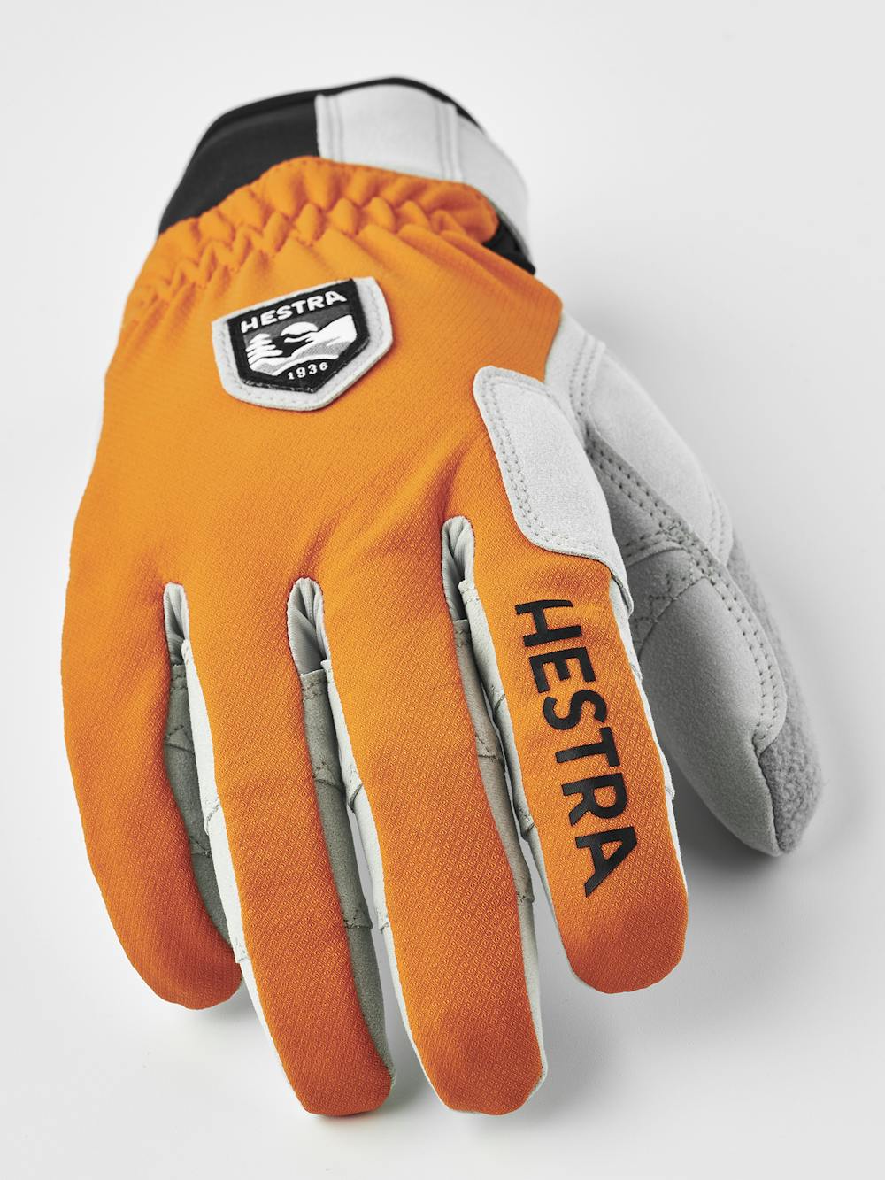 Orange fabric cross-country ski glove with gray synthetic suede palm (6 of 8)