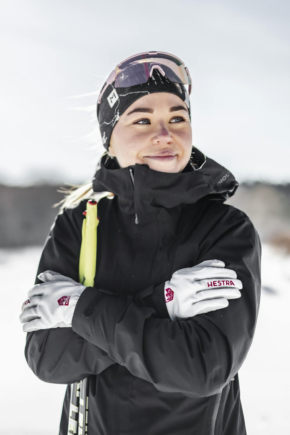 White fabric cross-country ski glove with gray synthetic suede palm (6 of 8)