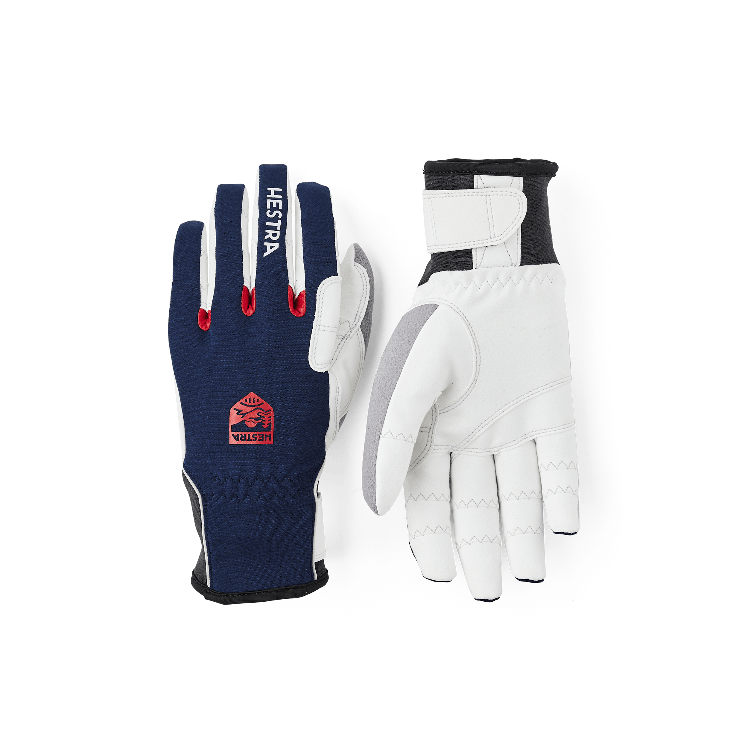 Dark blue fabric cross-country ski glove with white synthetic suede palm (1 of 5)