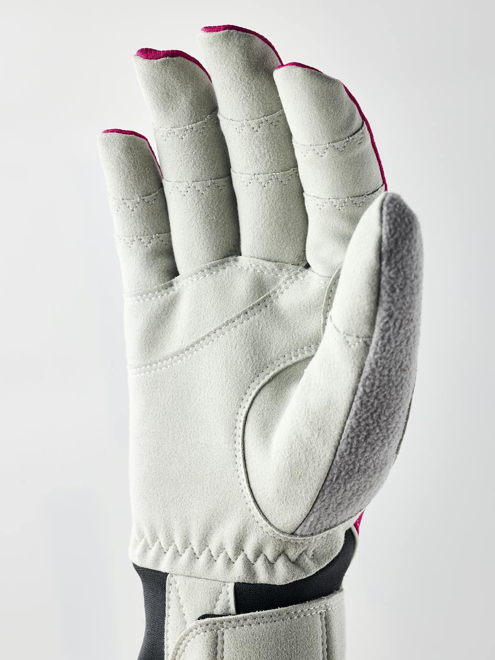 Pink fabric cross-country ski glove with gray synthetic suede palm (2 of 6)