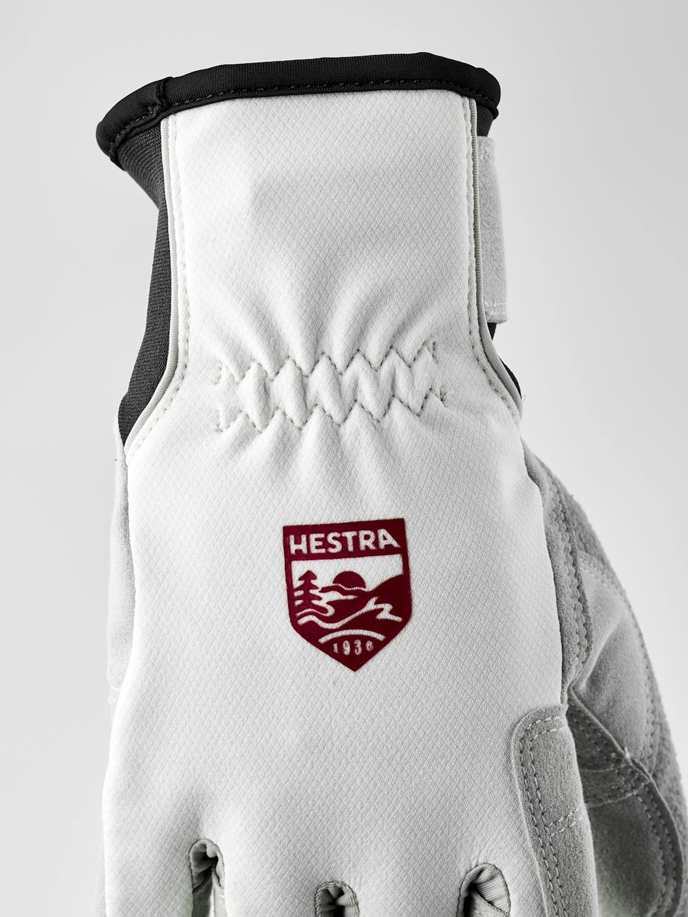 White fabric cross-country ski glove with gray synthetic suede palm (7 of 8)