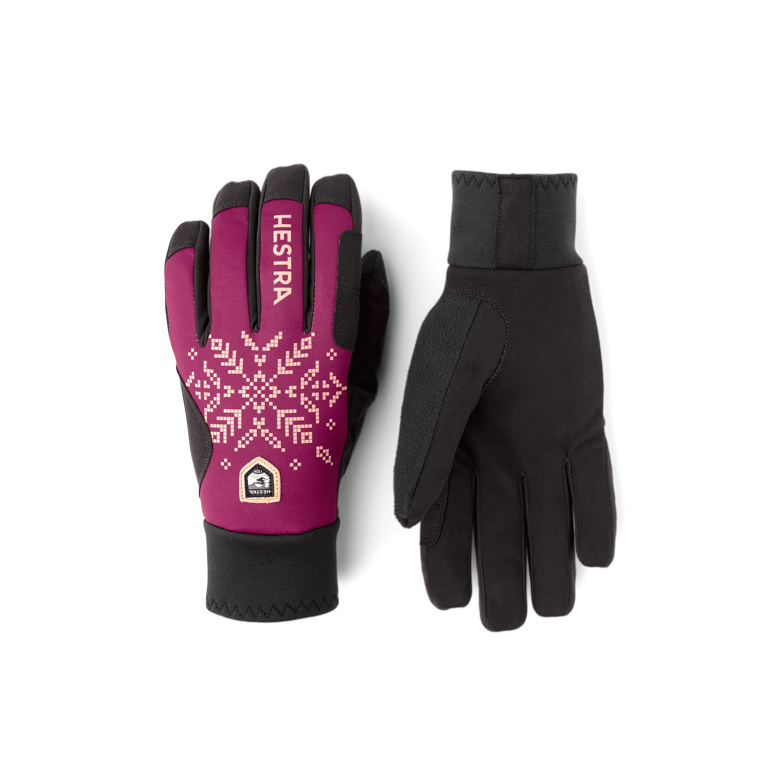 Burgundy print fabric cross-country ski glove with black palm (1 of 5)