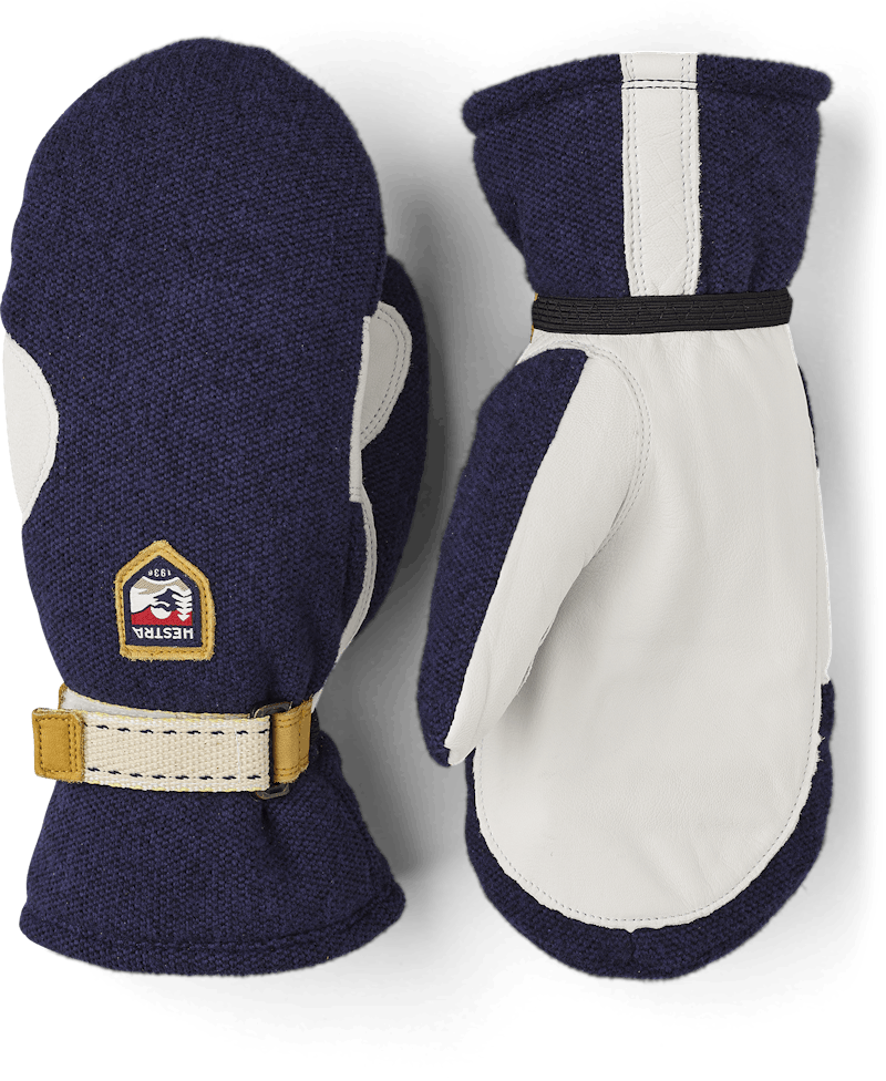 Dark blue mitten with white goat leather palm and wrist adjustment (1 of 5)