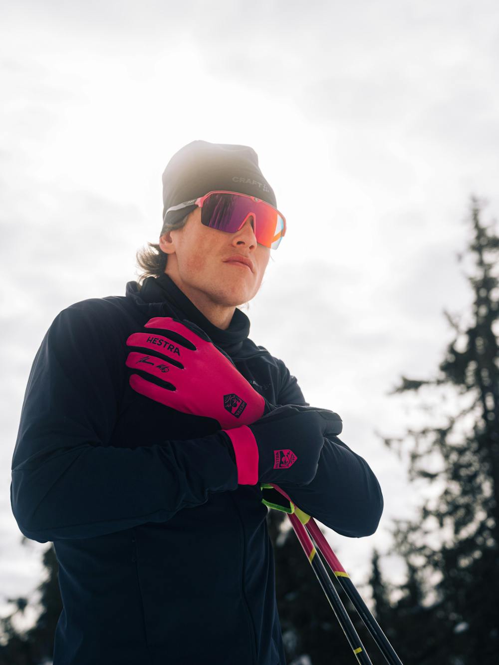 Pink and black fabric cross-country ski glove with black synthetic suede palm (2 of 10)