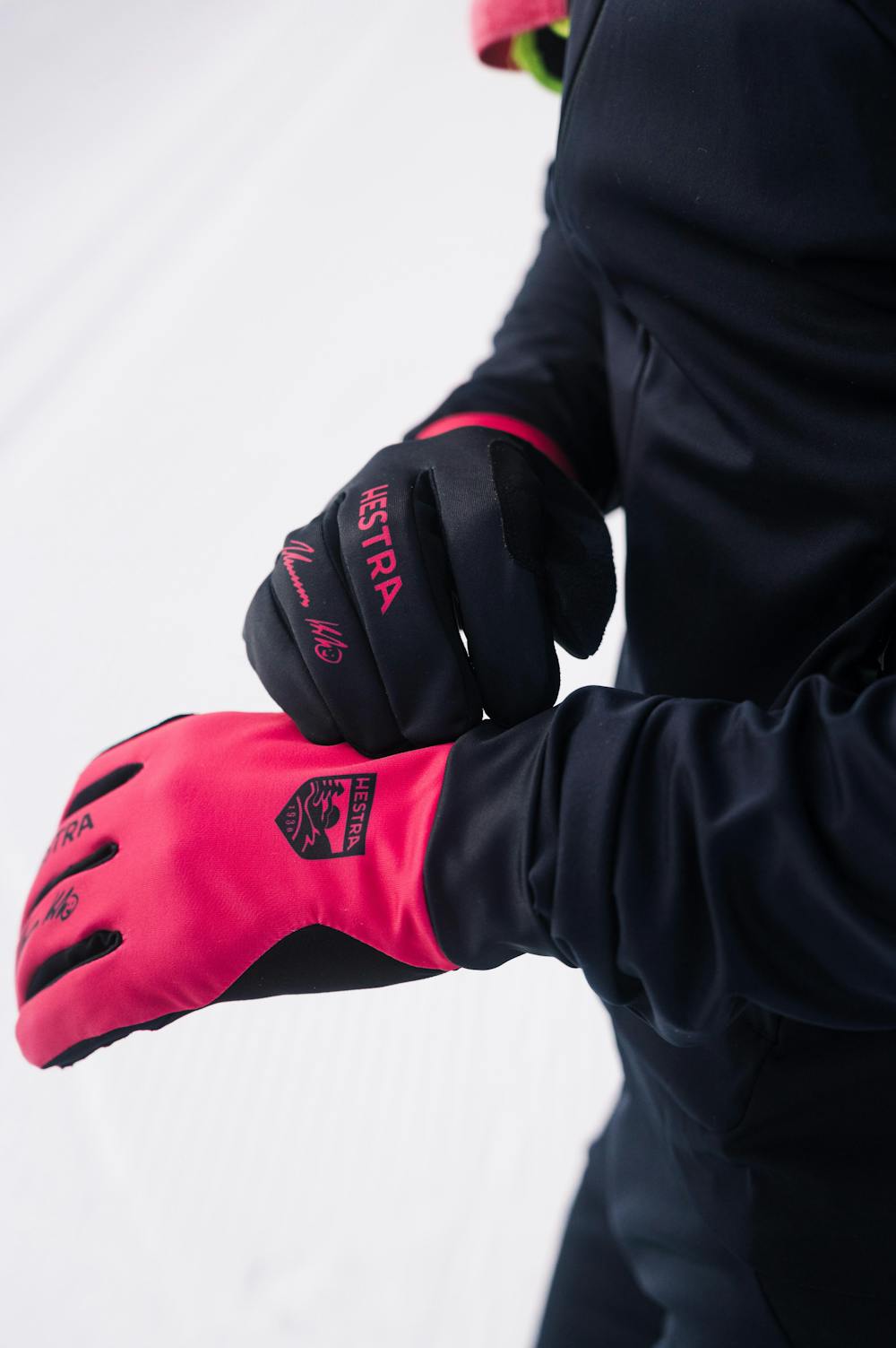 Pink and black fabric cross-country ski glove with black synthetic suede palm (10 of 10)
