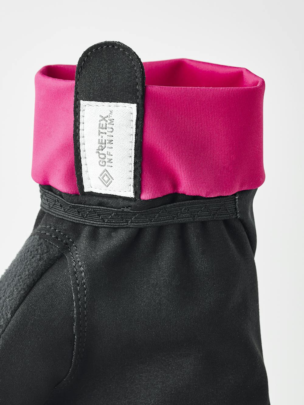 Pink and black fabric cross-country ski glove with black synthetic suede palm (9 of 10)