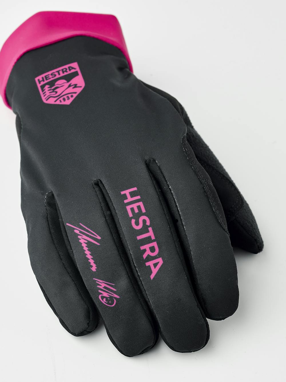 Pink and black fabric cross-country ski glove with black synthetic suede palm (3 of 10)