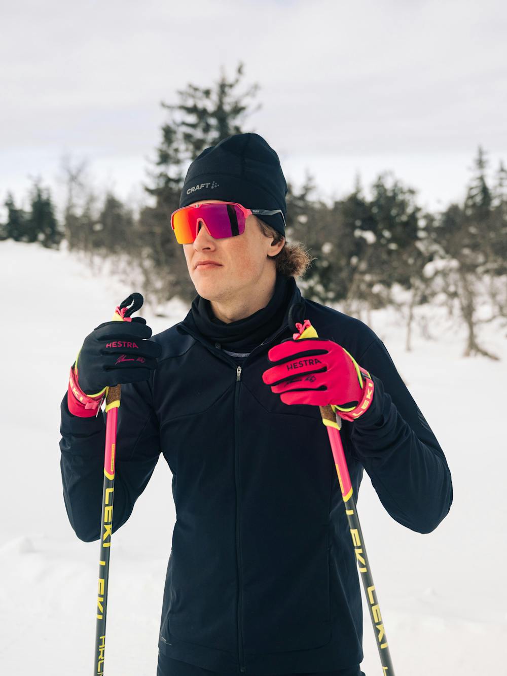 Pink and black fabric cross-country ski glove with black synthetic suede palm (6 of 10)