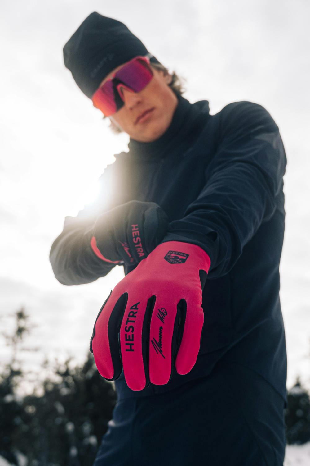 Pink and black fabric cross-country ski glove with black synthetic suede palm (8 of 10)