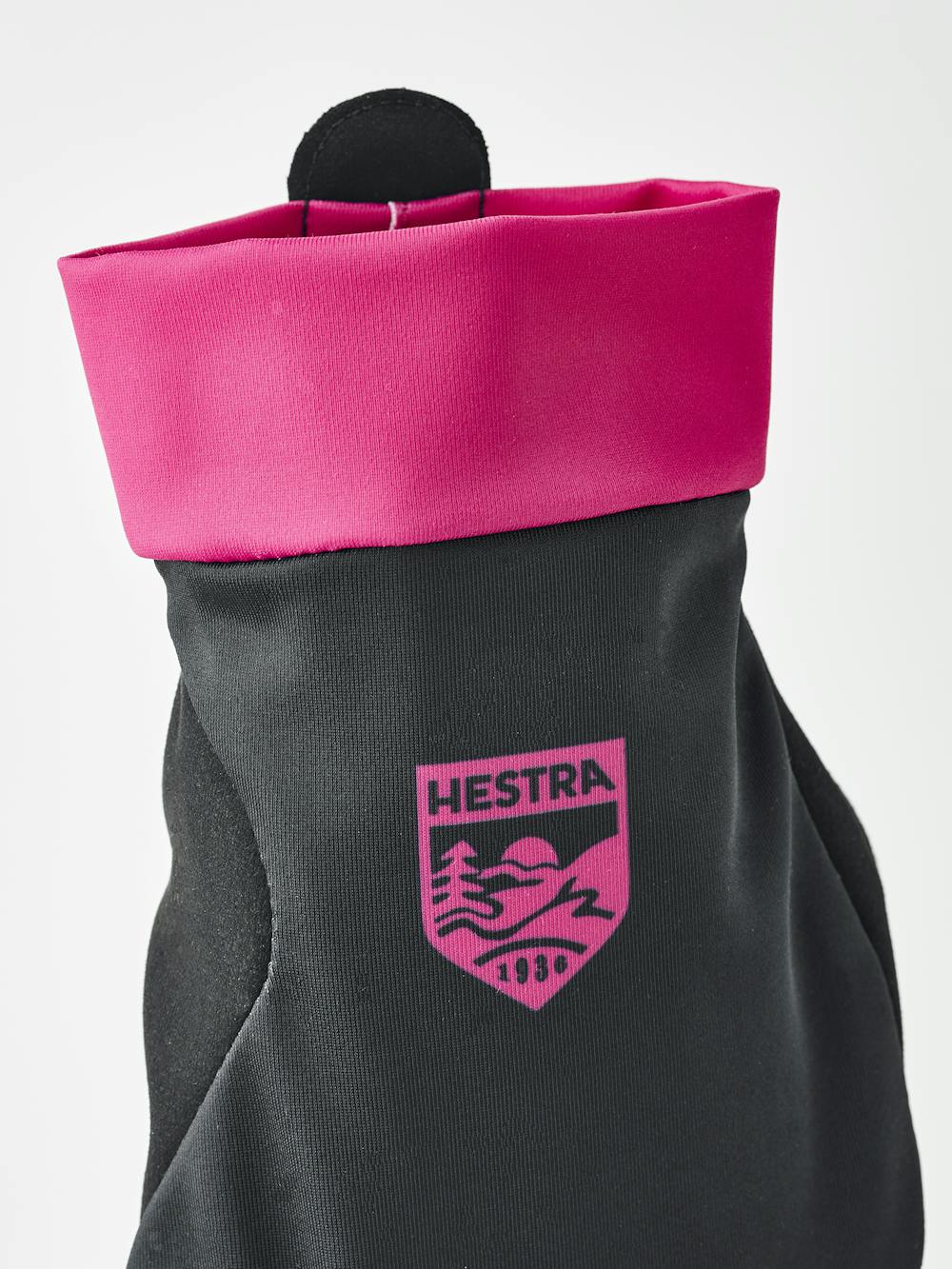 Pink and black fabric cross-country ski glove with black synthetic suede palm (7 of 10)