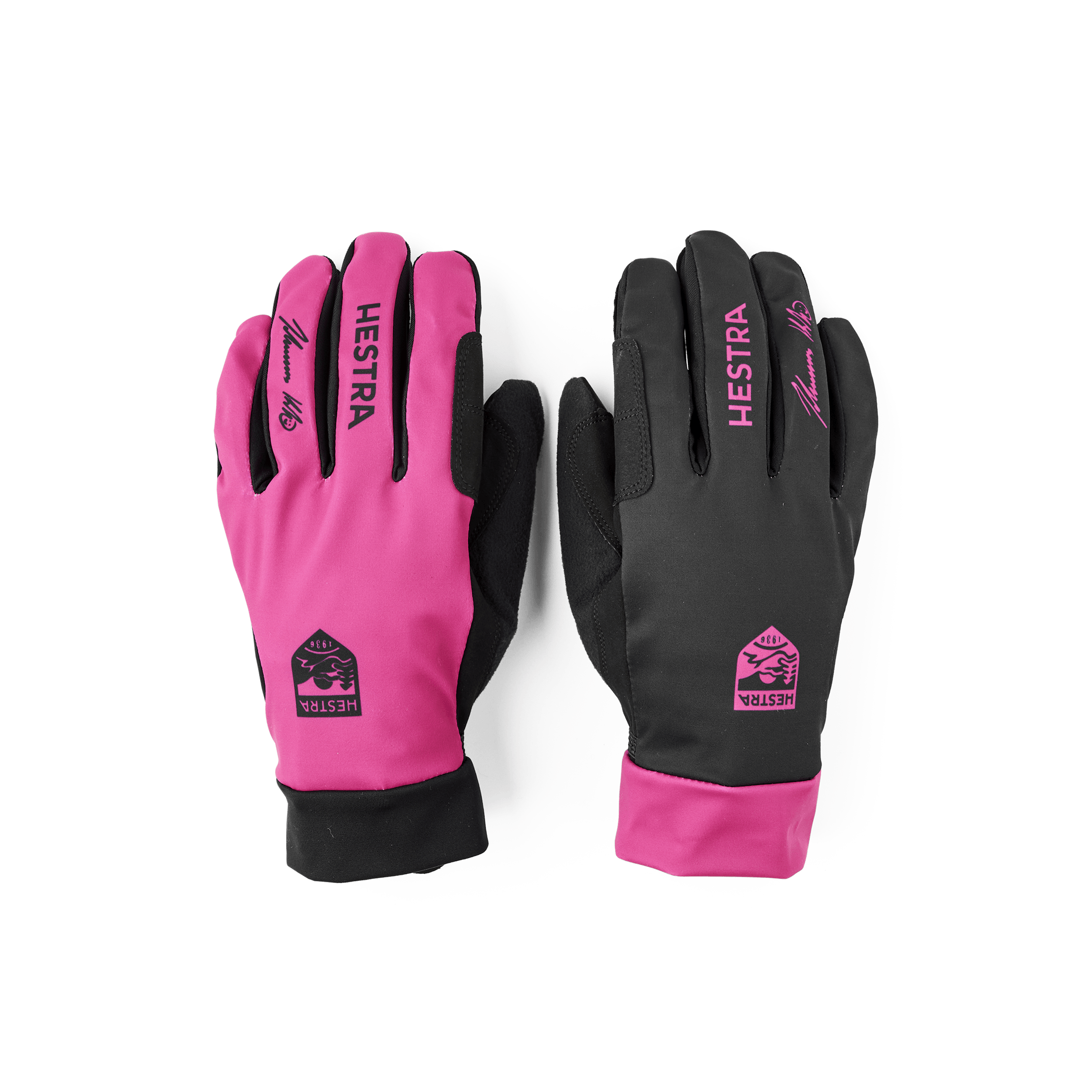 Pink and black fabric cross-country ski glove with black synthetic suede palm (1 of 10)
