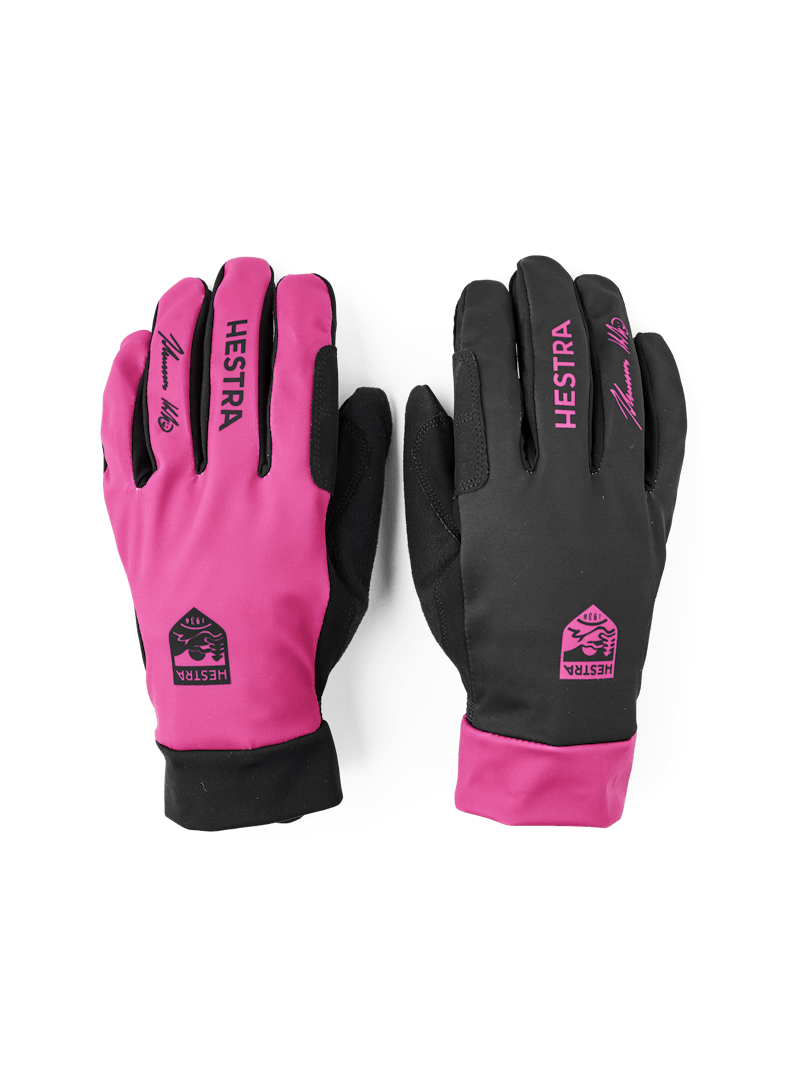 Pink and black fabric cross-country ski glove with black synthetic suede palm (1 of 10)