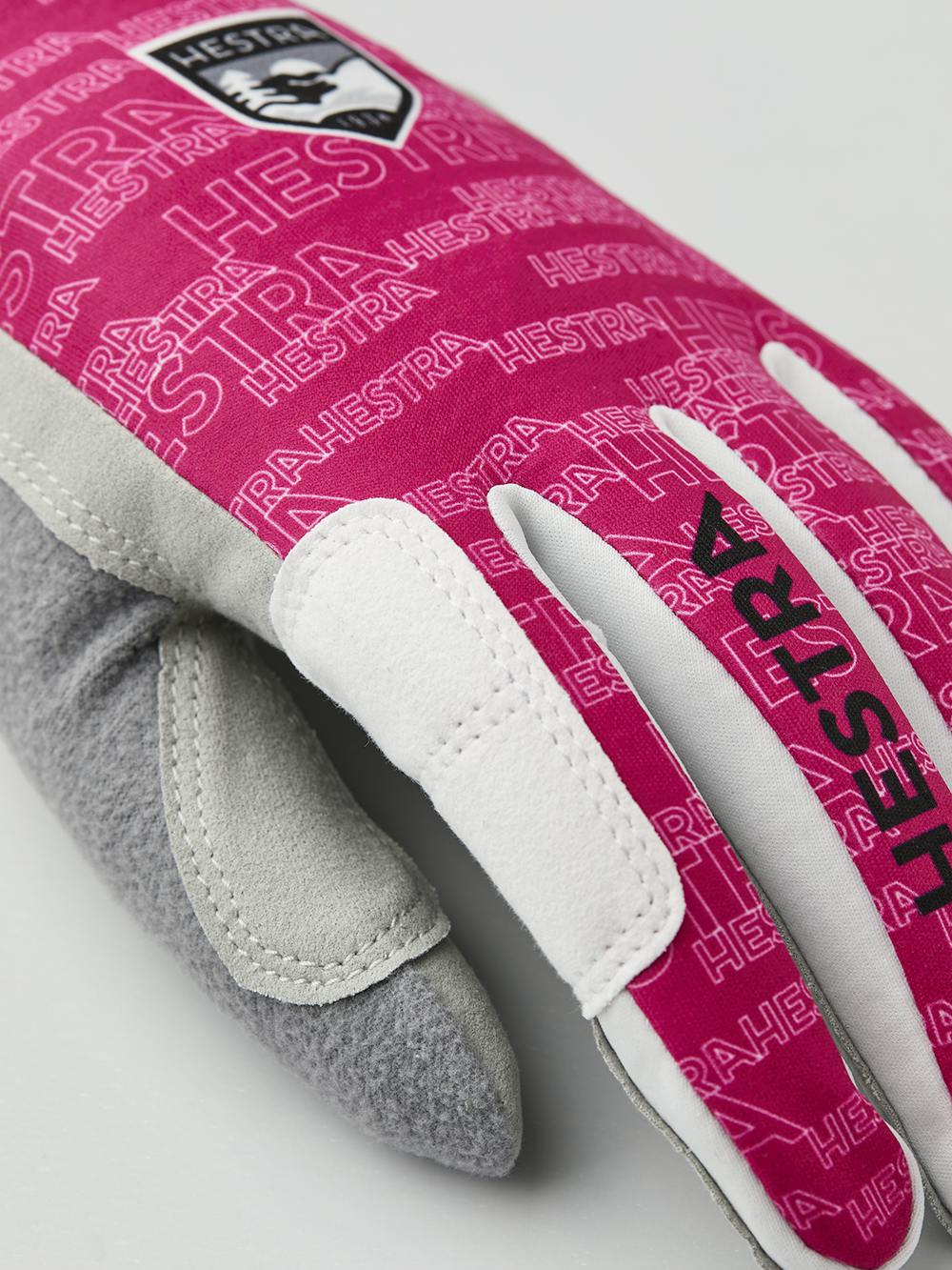 Pink fabric cross-country ski glove with gray synthetic suede palm (2 of 5)