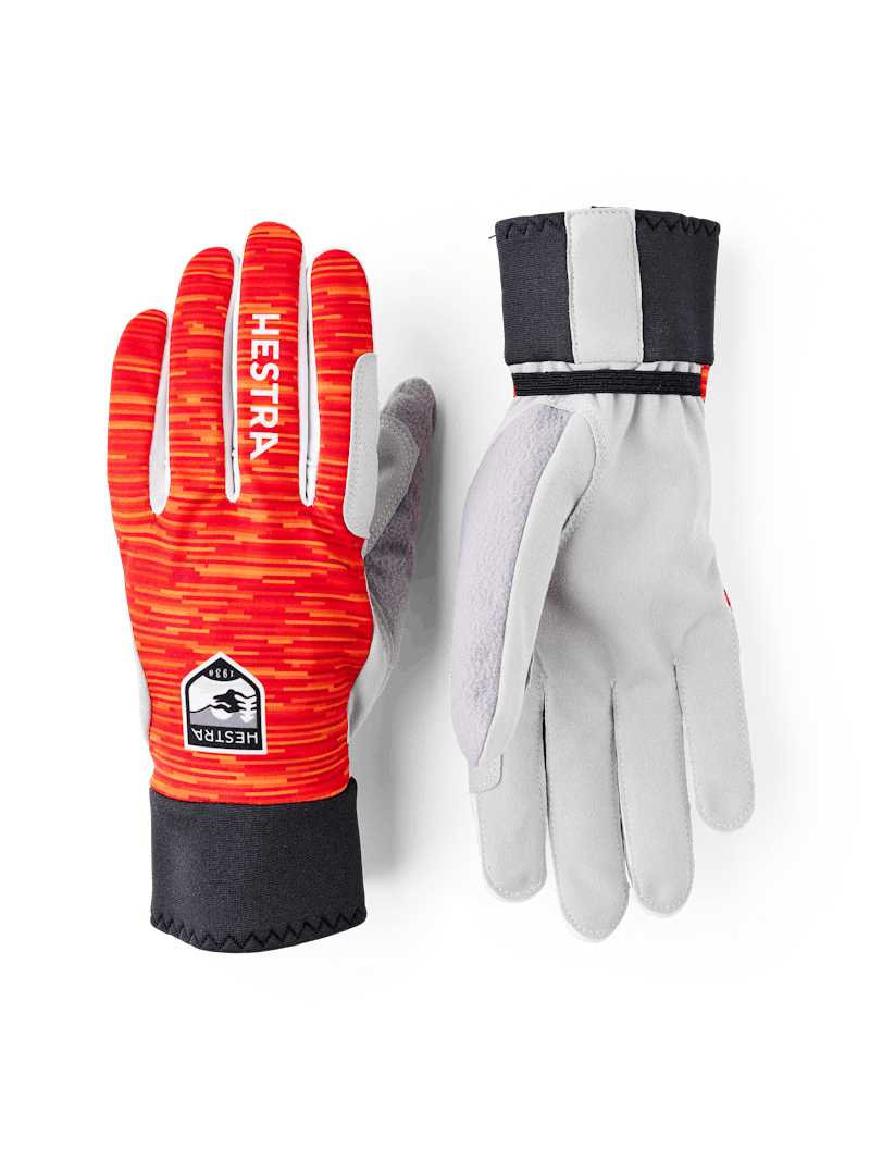 Red and orange fabric cross-country ski glove with light gray synthetic suede palm (1 of 5)