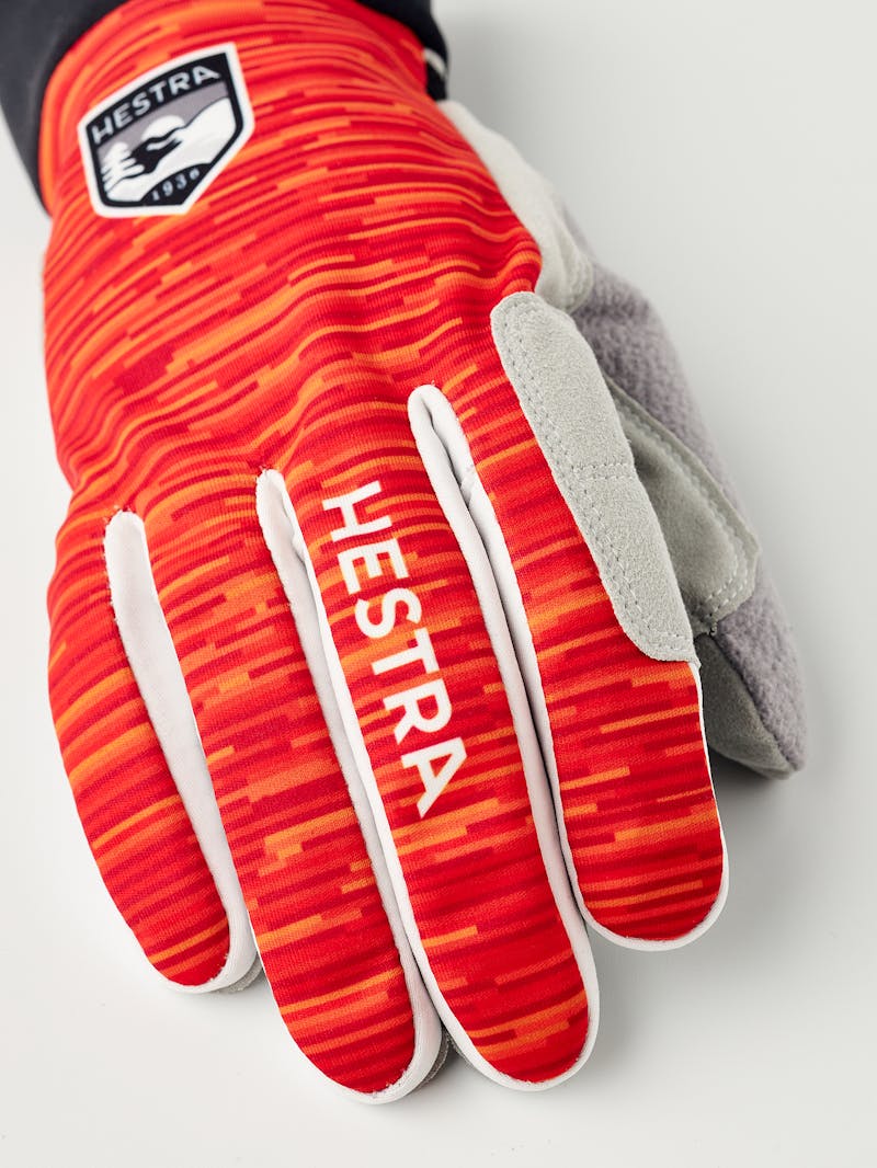 Red and orange fabric cross-country ski glove with light gray synthetic suede palm (4 of 5)
