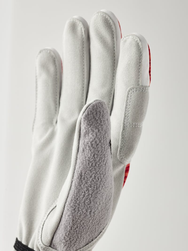 Red and orange fabric cross-country ski glove with light gray synthetic suede palm (2 of 5)