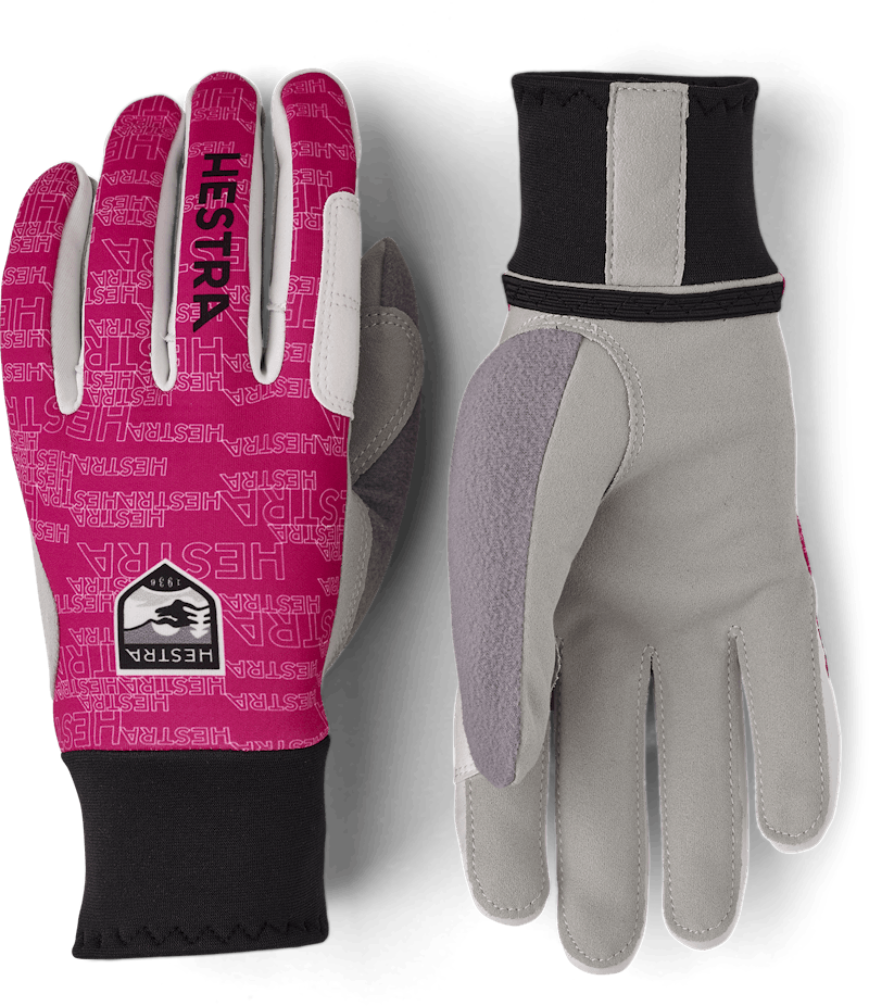 Pink fabric cross-country ski glove with gray synthetic suede palm (1 of 5)