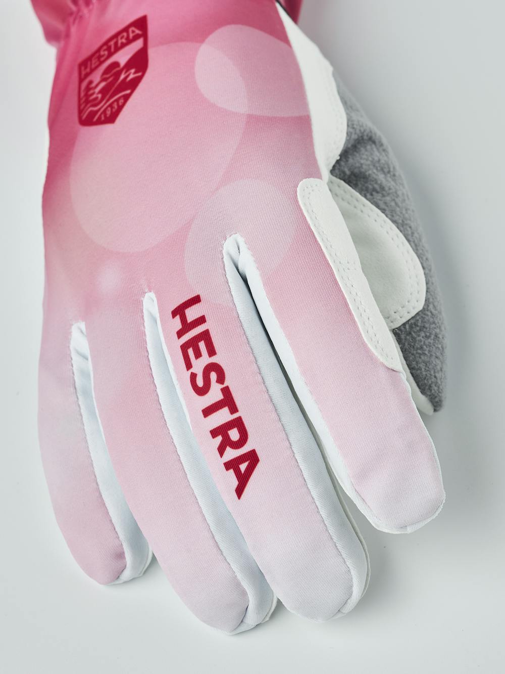 Pink cross-country ski glove with white synthetic suede palm (3 of 7)