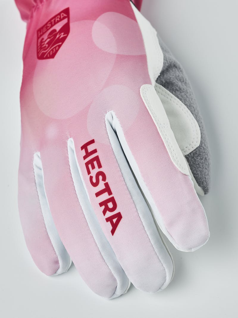 Pink cross-country ski glove with white synthetic suede palm (3 of 7)