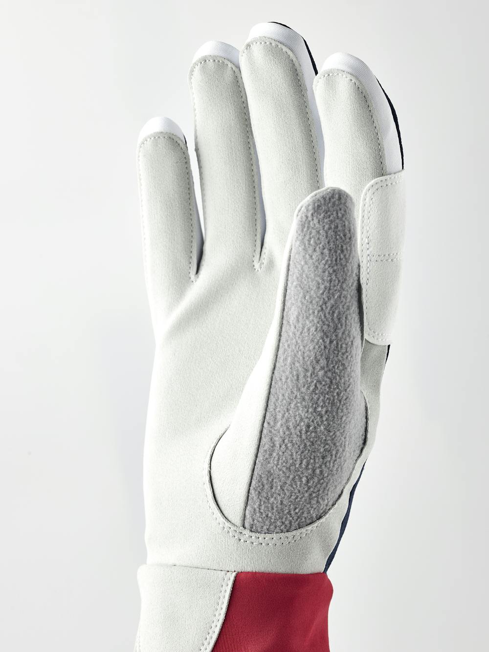 Dark blue and red fabric cross-country ski glove with gray synthetic suede palm (2 of 5)