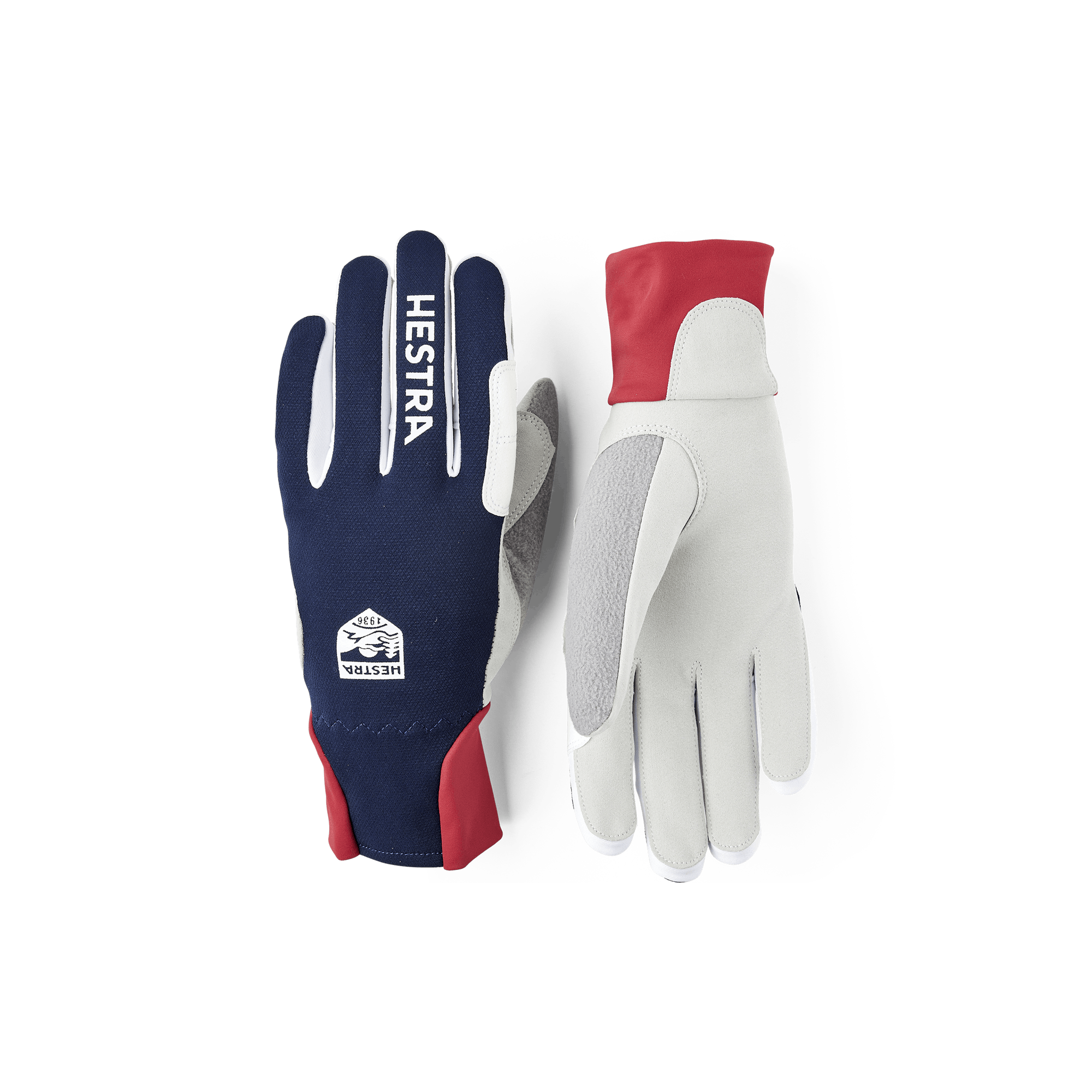 Dark blue and red fabric cross-country ski glove with gray synthetic suede palm (1 of 5)