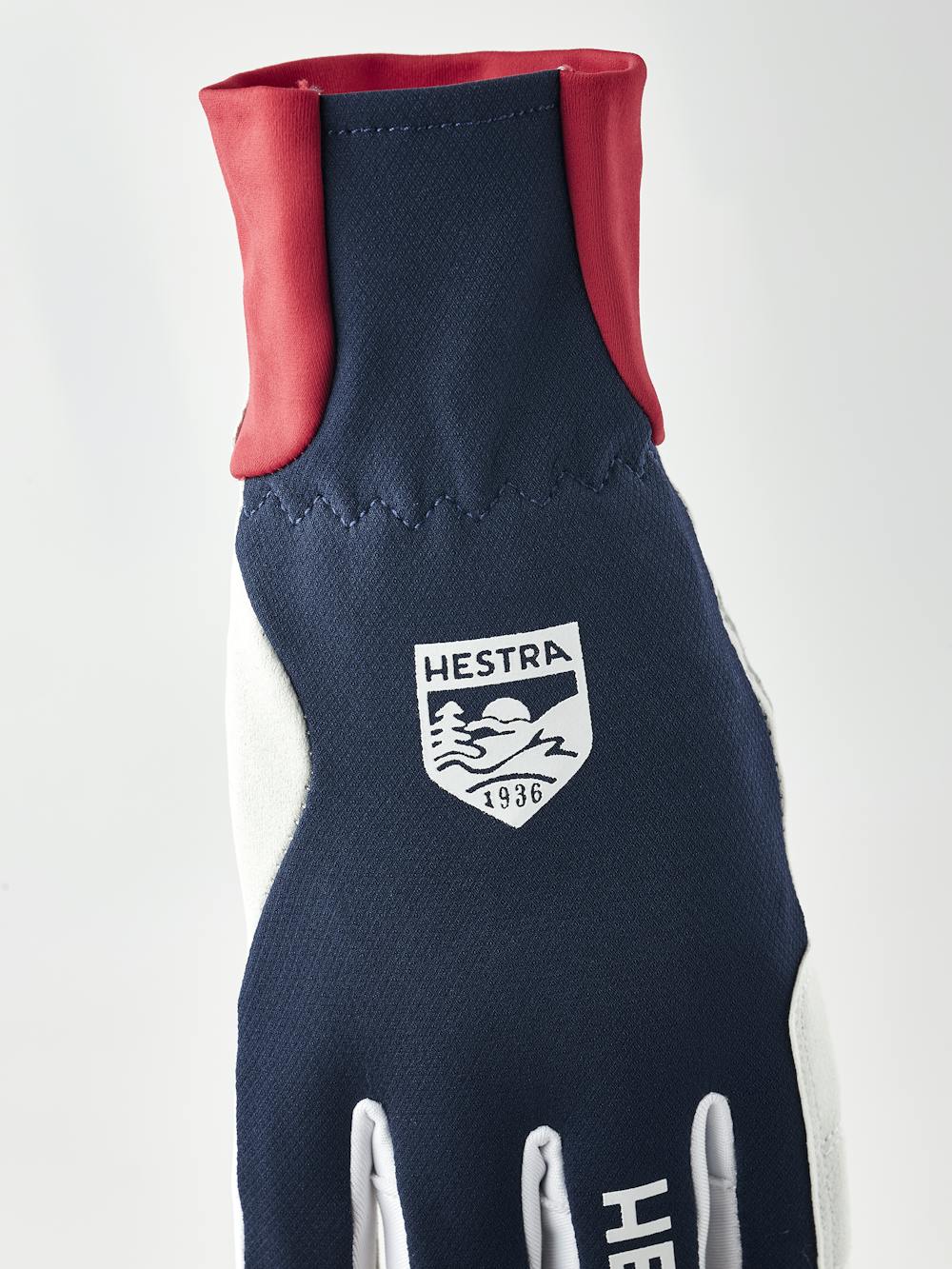 Dark blue and red fabric cross-country ski glove with gray synthetic suede palm (5 of 5)