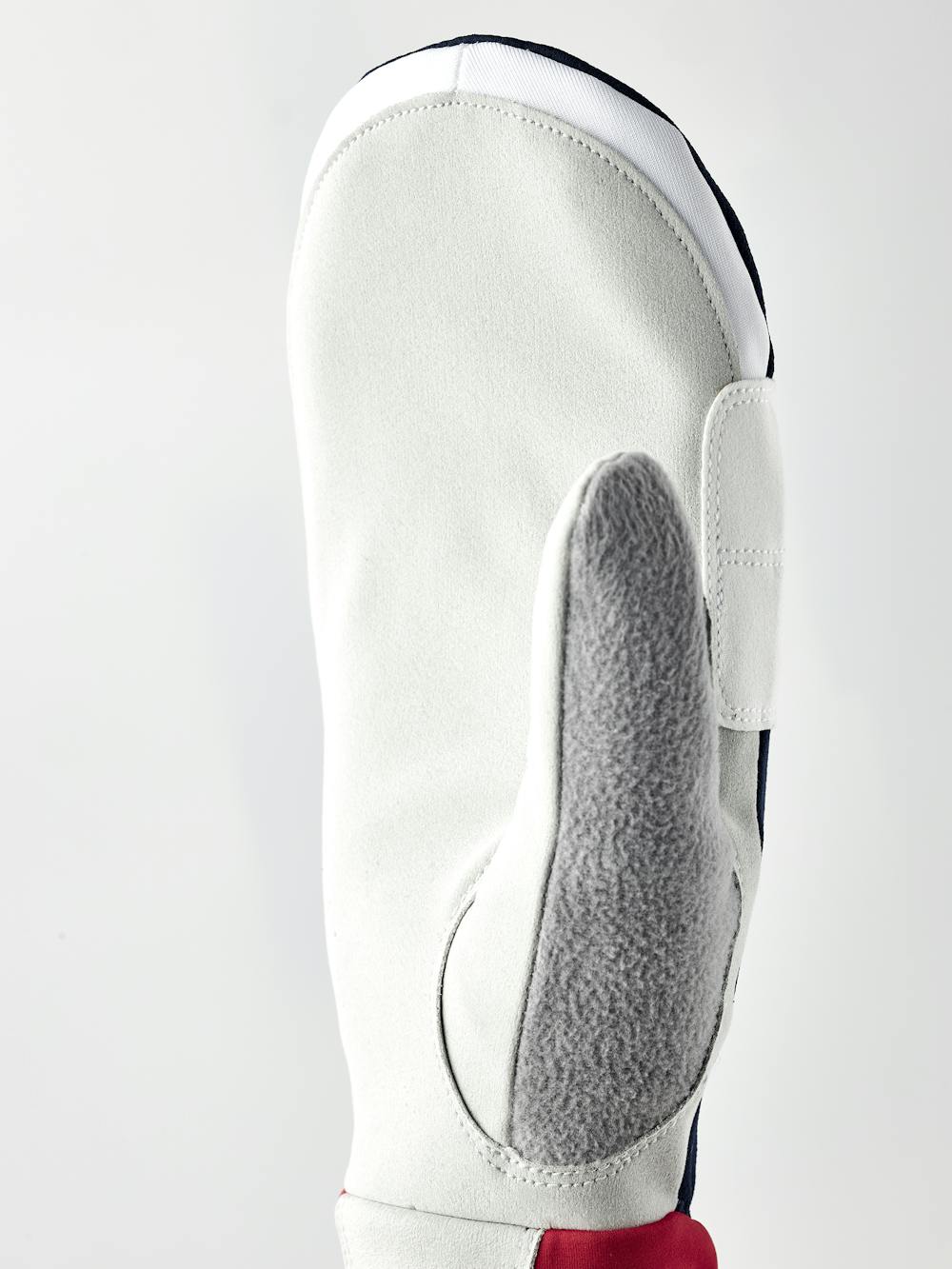 Dark blue and red fabric mitten with gray synthetic suede palm (2 of 5)