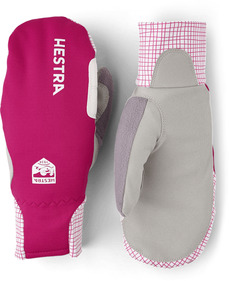Pink fabric mitten with gray synthetic suede palm (1 of 5)