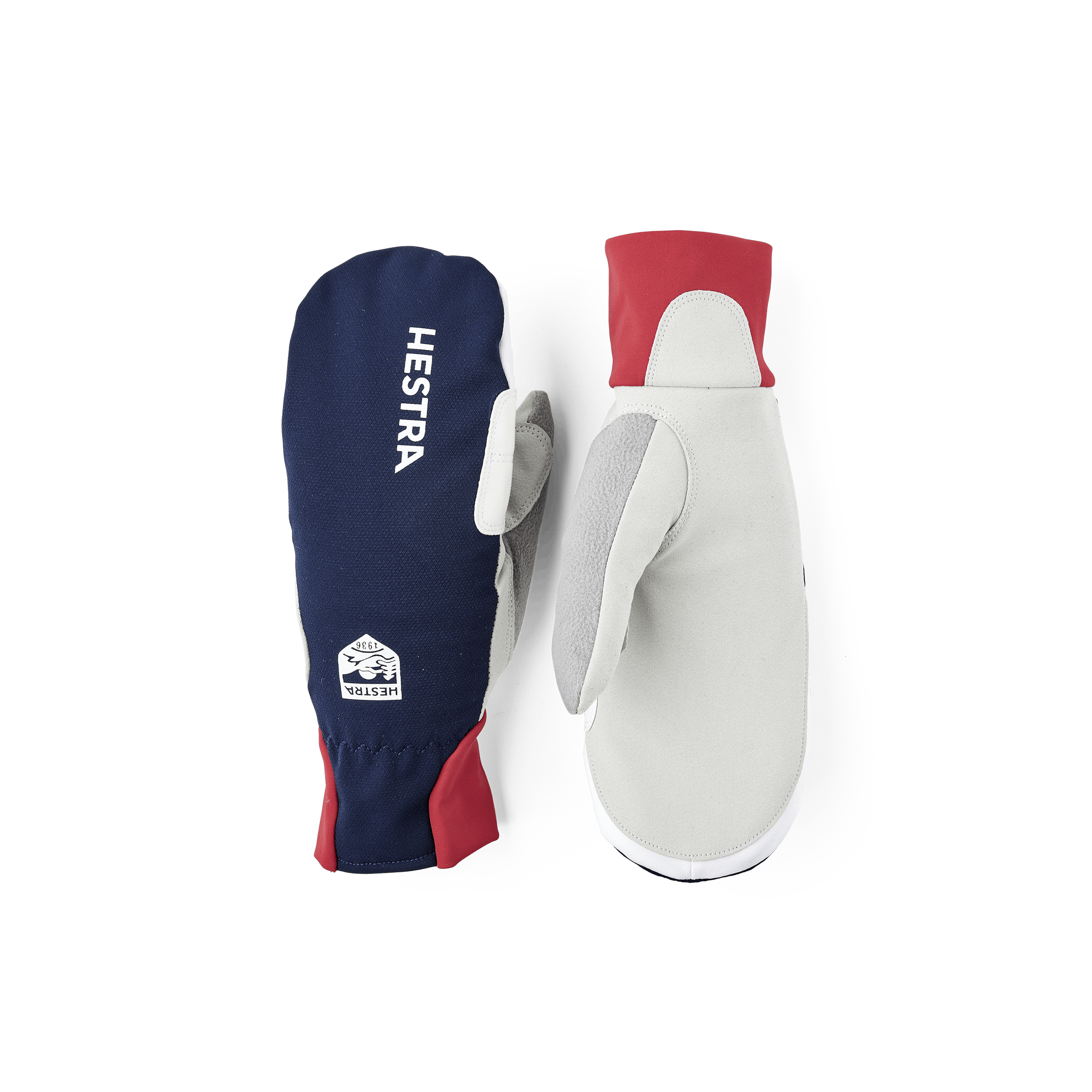 Dark blue and red fabric mitten with gray synthetic suede palm (1 of 5)