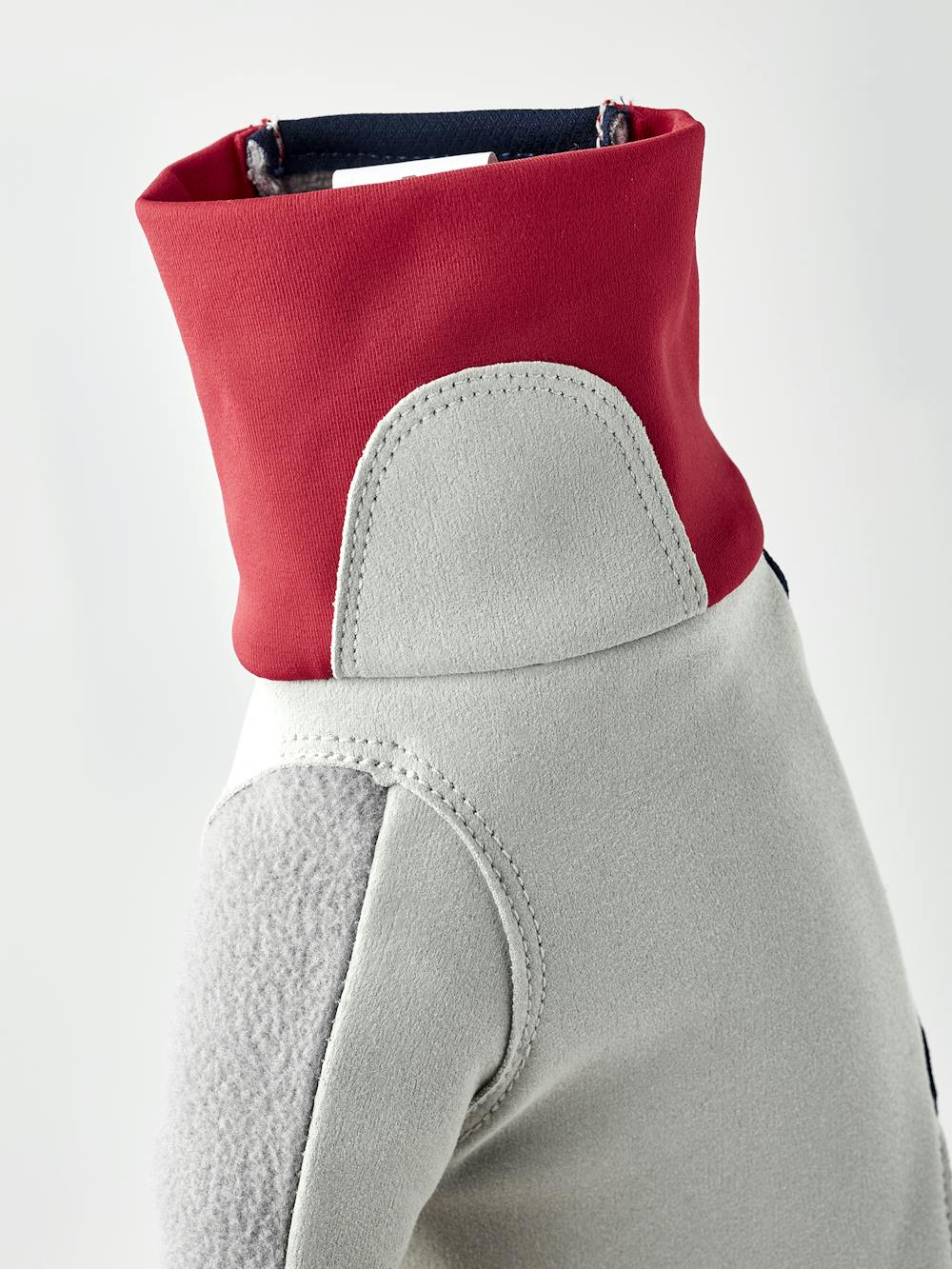 Dark blue and red fabric mitten with gray synthetic suede palm (4 of 5)