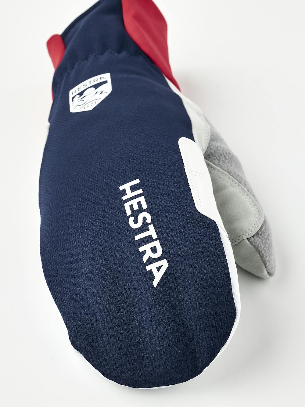 Dark blue and red fabric mitten with gray synthetic suede palm (3 of 5)