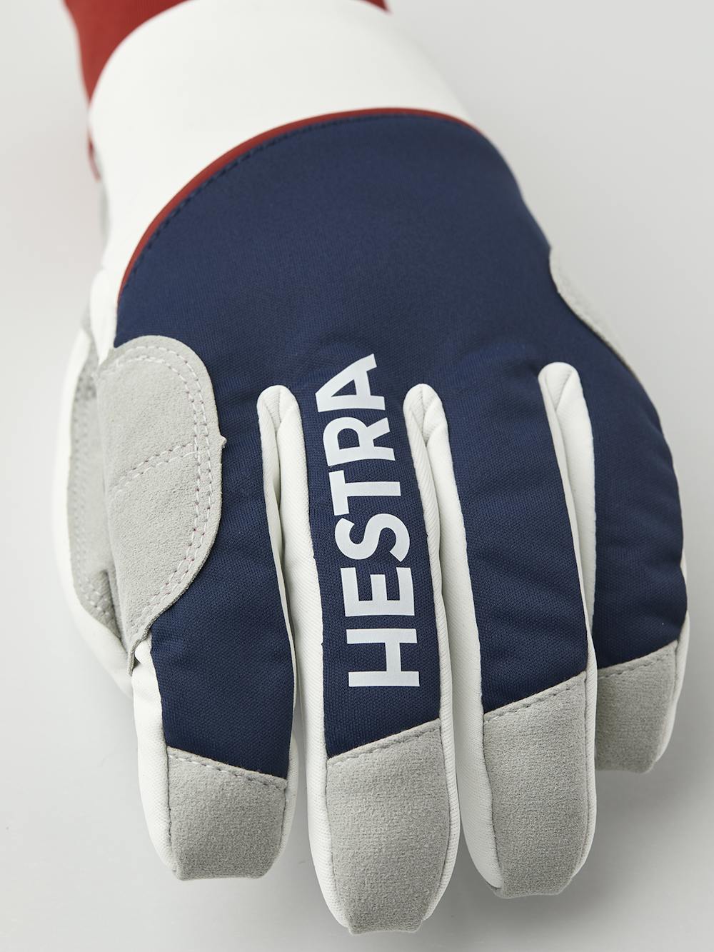 Blue and red fabric cross-country ski glove with gray synthetic suede palm (5 of 5)
