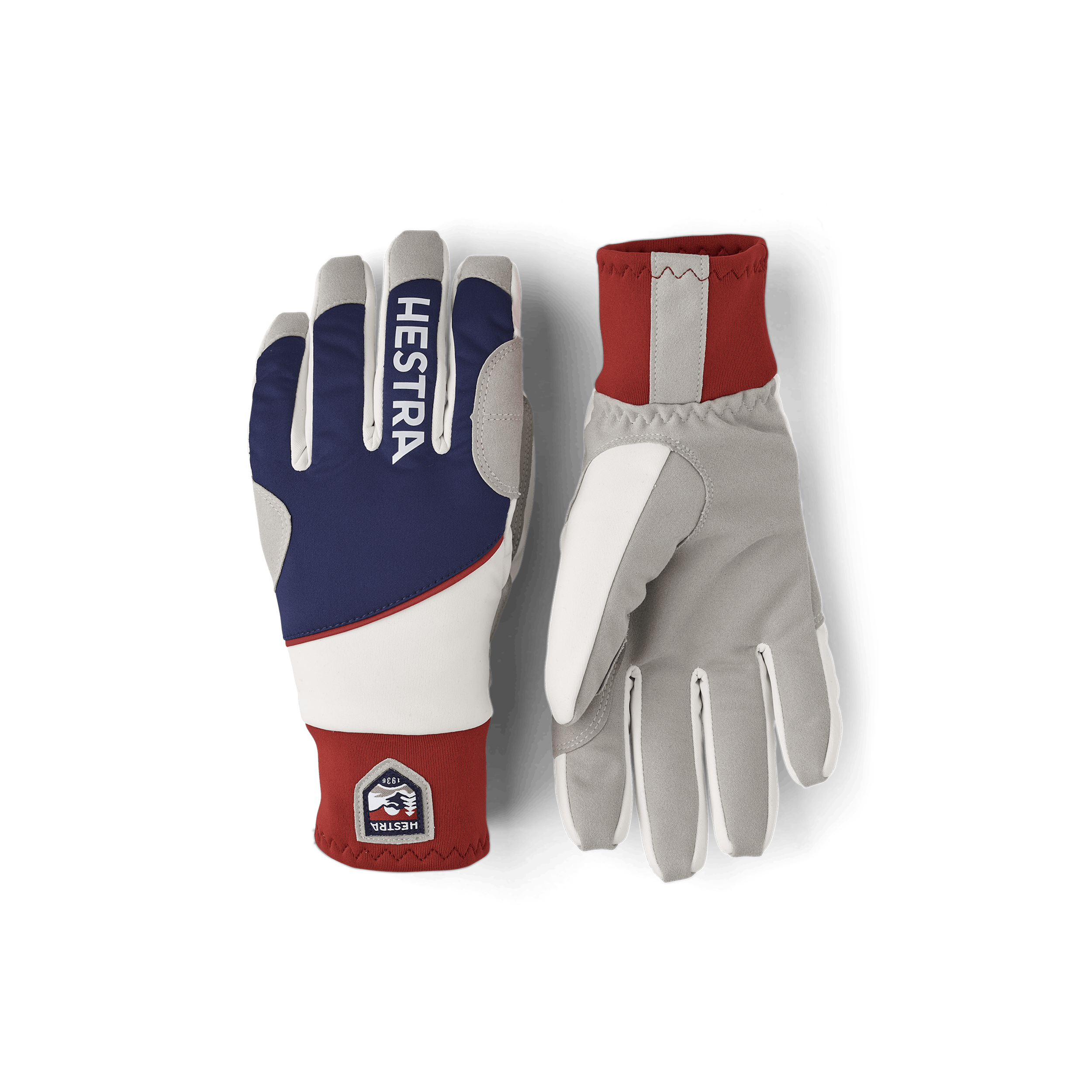 Blue and red fabric cross-country ski glove with gray synthetic suede palm (1 of 5)