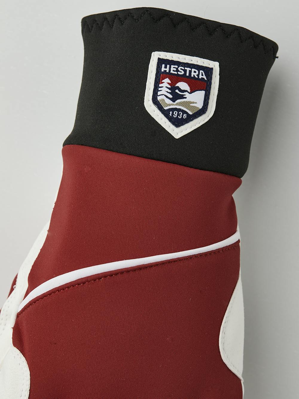 Red fabric cross-country ski glove with white synthetic suede palm (4 of 5)