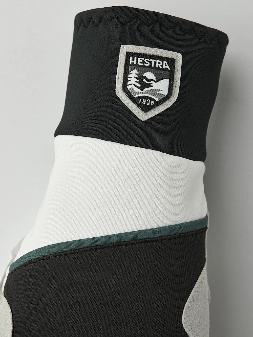 Black and white fabric cross-country ski glove with gray synthetic suede palm (4 of 5)
