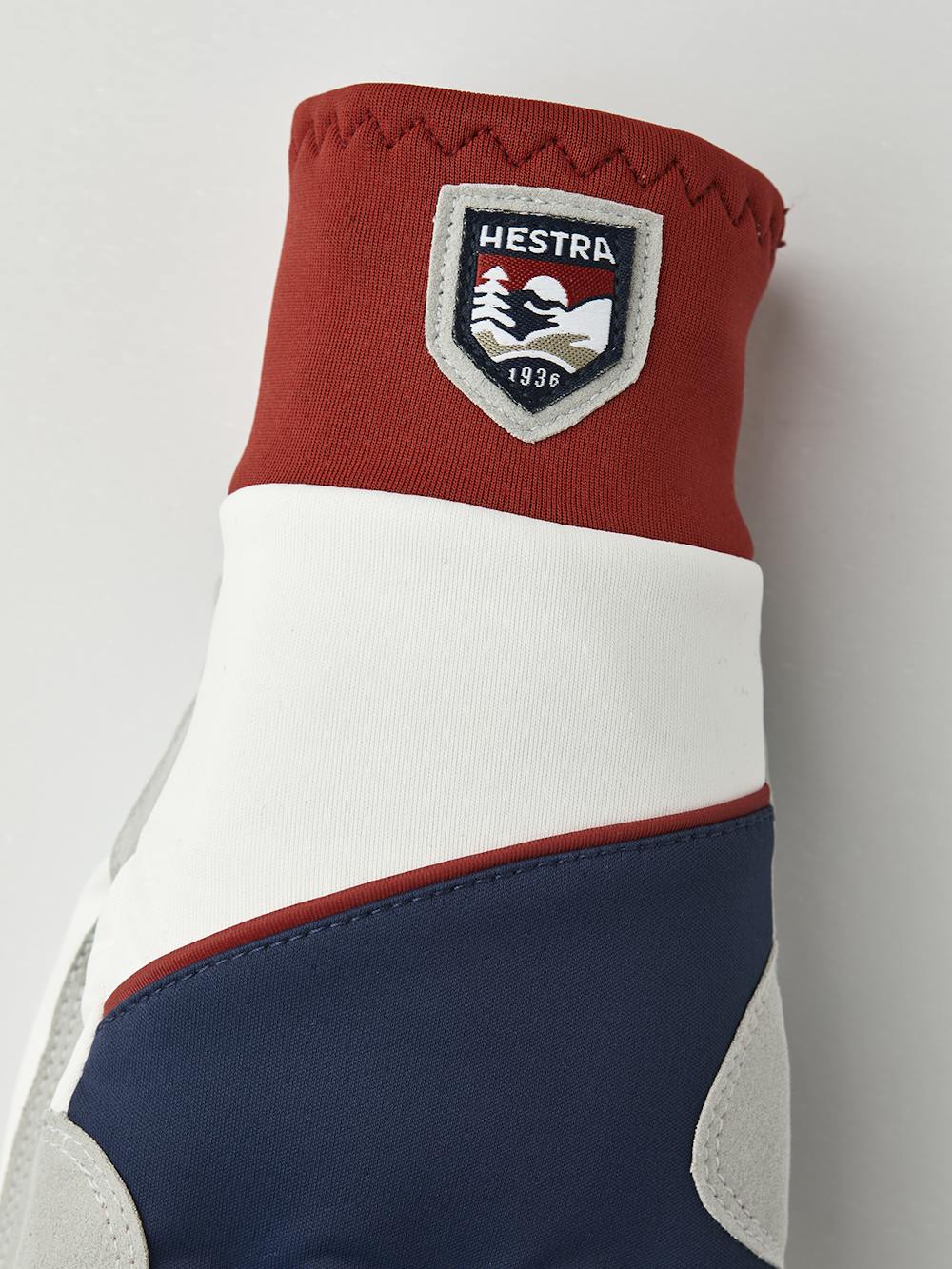 Blue and red fabric cross-country ski glove with gray synthetic suede palm (4 of 5)