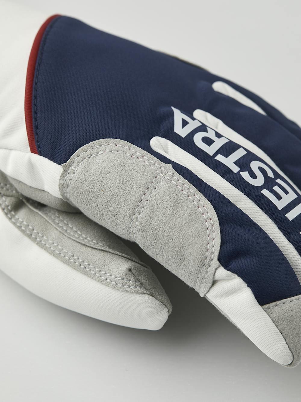 Blue and red fabric cross-country ski glove with gray synthetic suede palm (2 of 5)