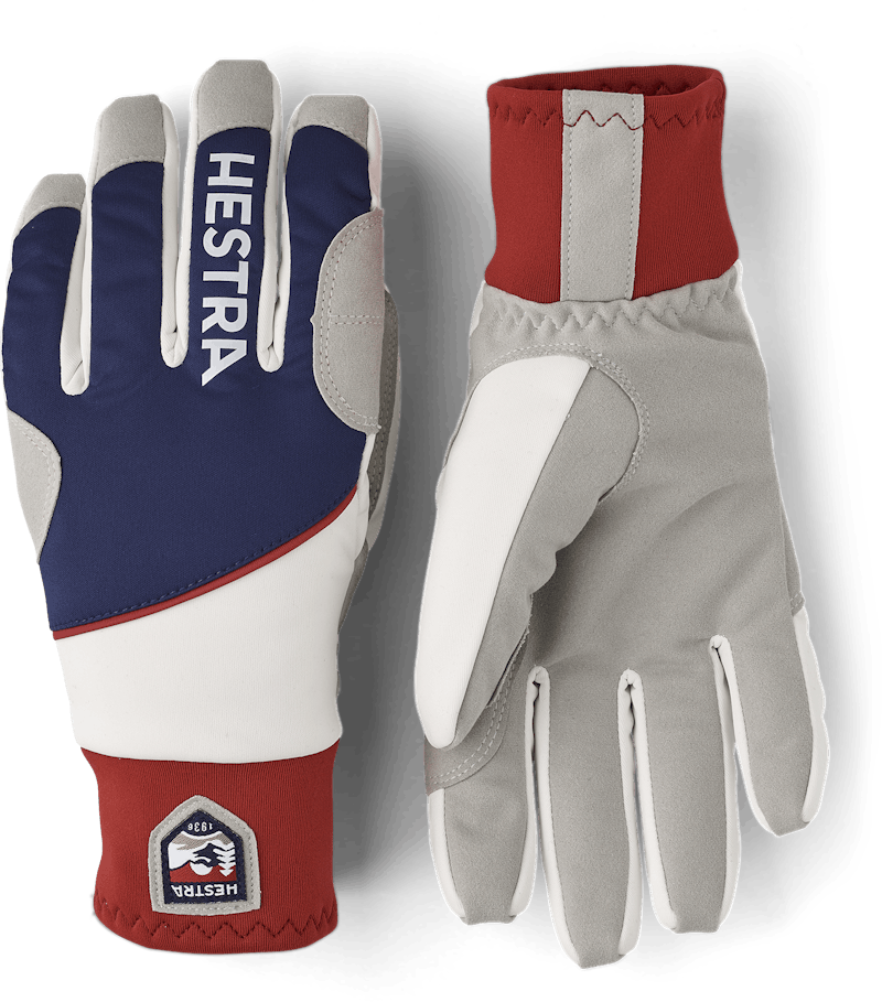 Blue and red fabric cross-country ski glove with gray synthetic suede palm (1 of 5)