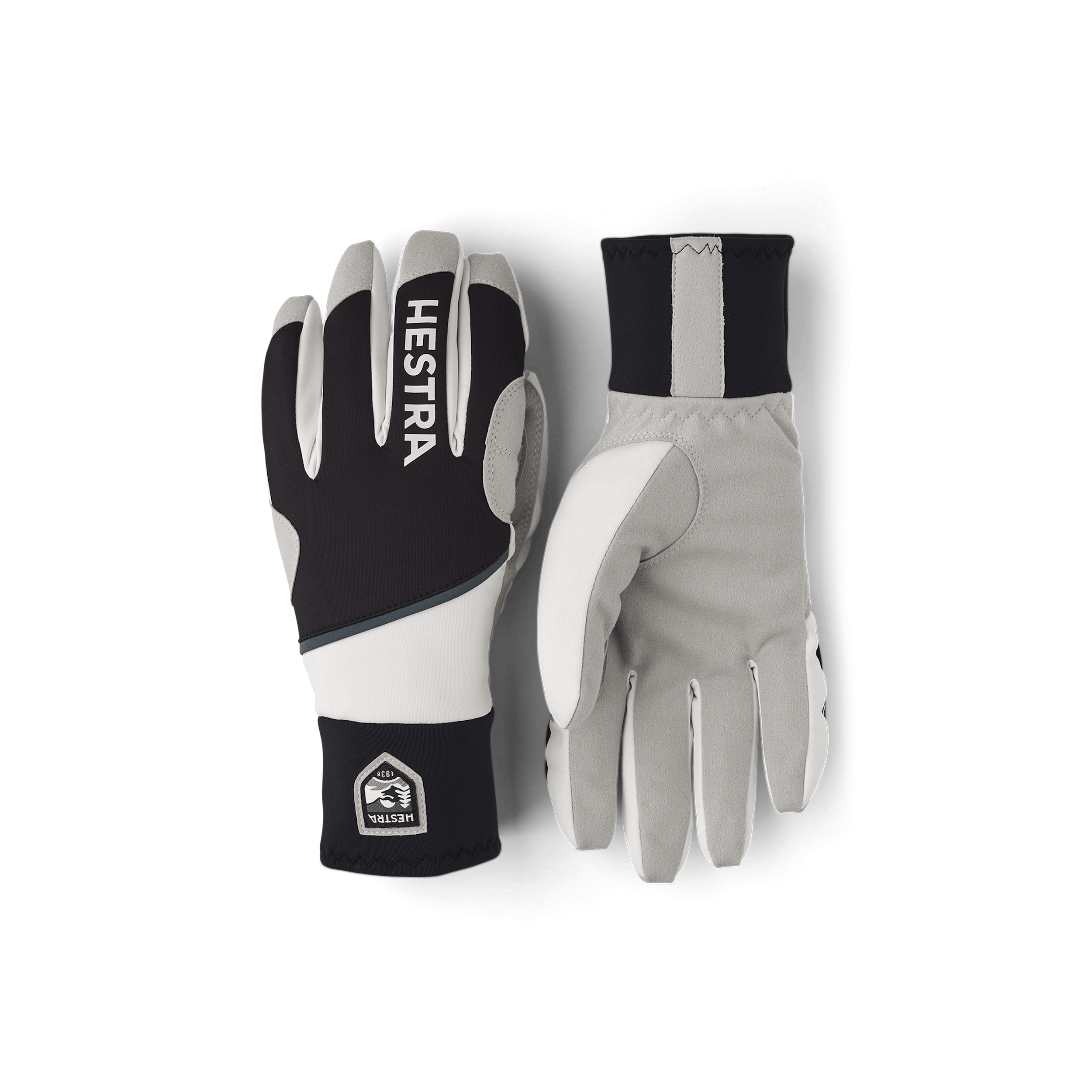 Black and white fabric cross-country ski glove with gray synthetic suede palm (1 of 5)