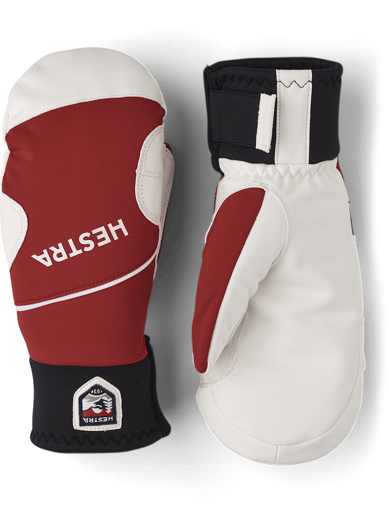 Red fabric mitten with white synthetic suede palm (1 of 6)