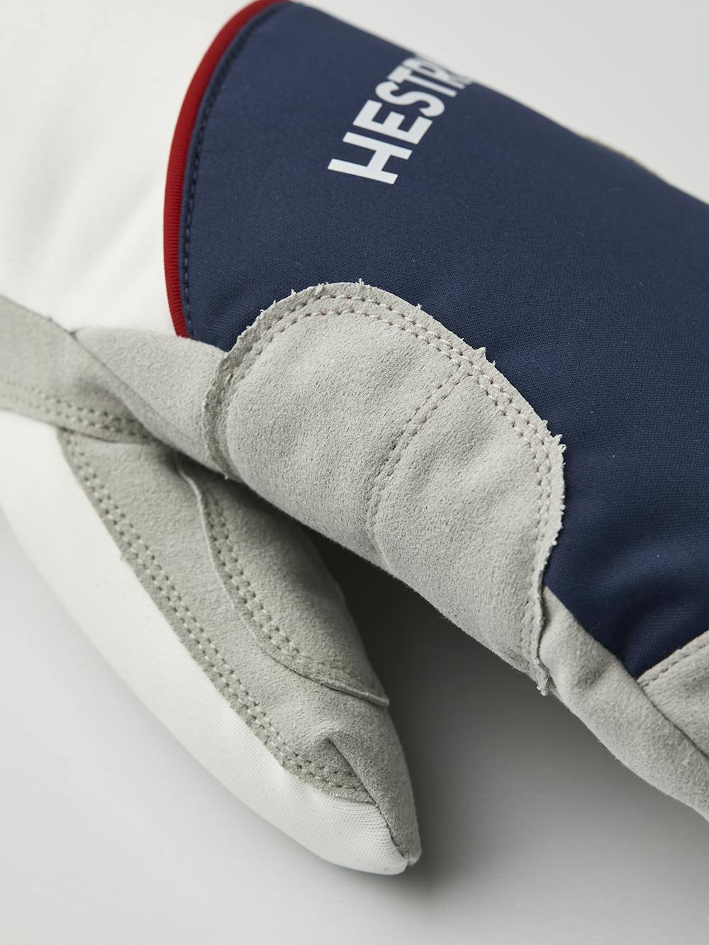 Blue and red fabric mitten with gray synthetic suede palm (5 of 6)