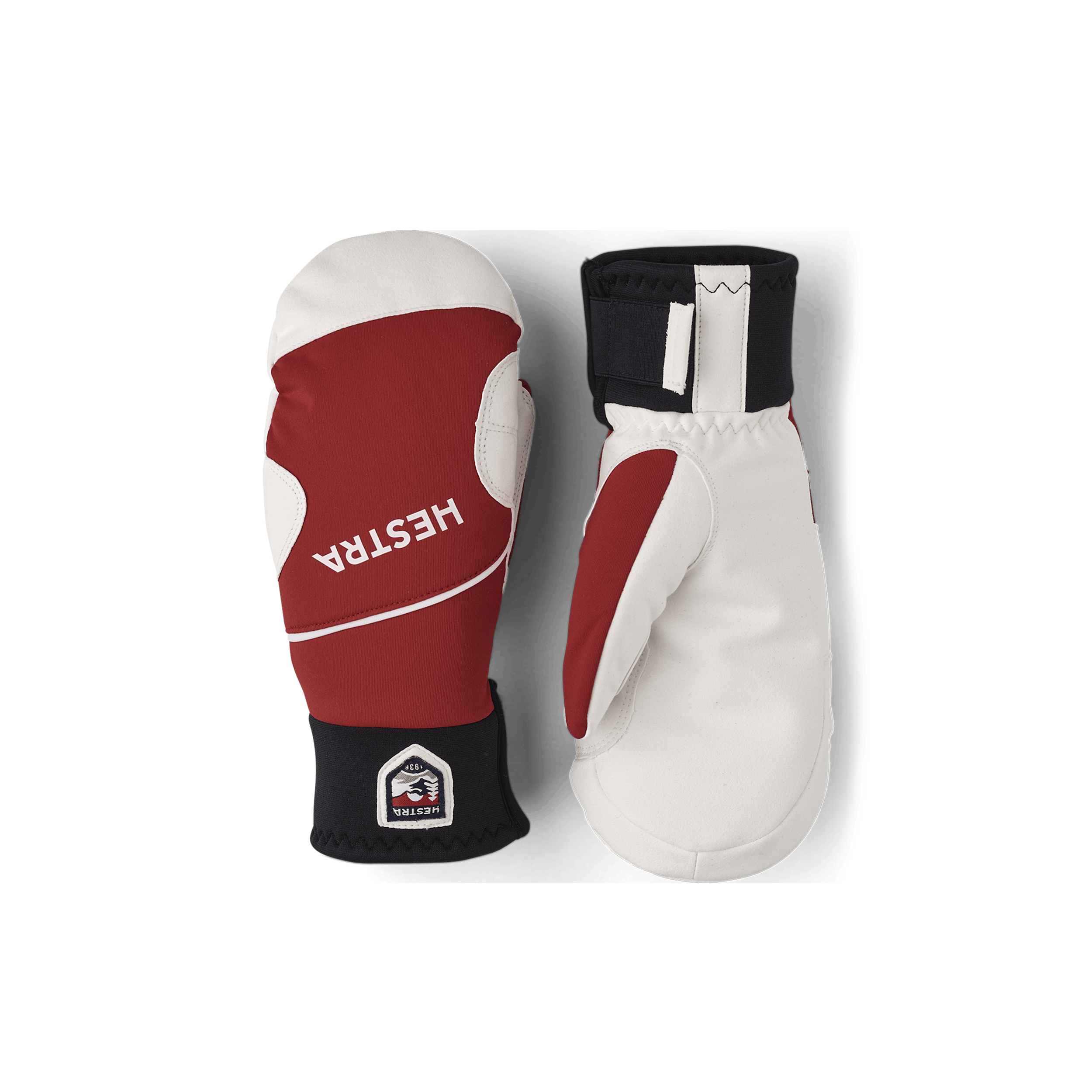 Röd tumhandske i tyg med vit innerhand i syntetisk mocka
 (1 av 6)