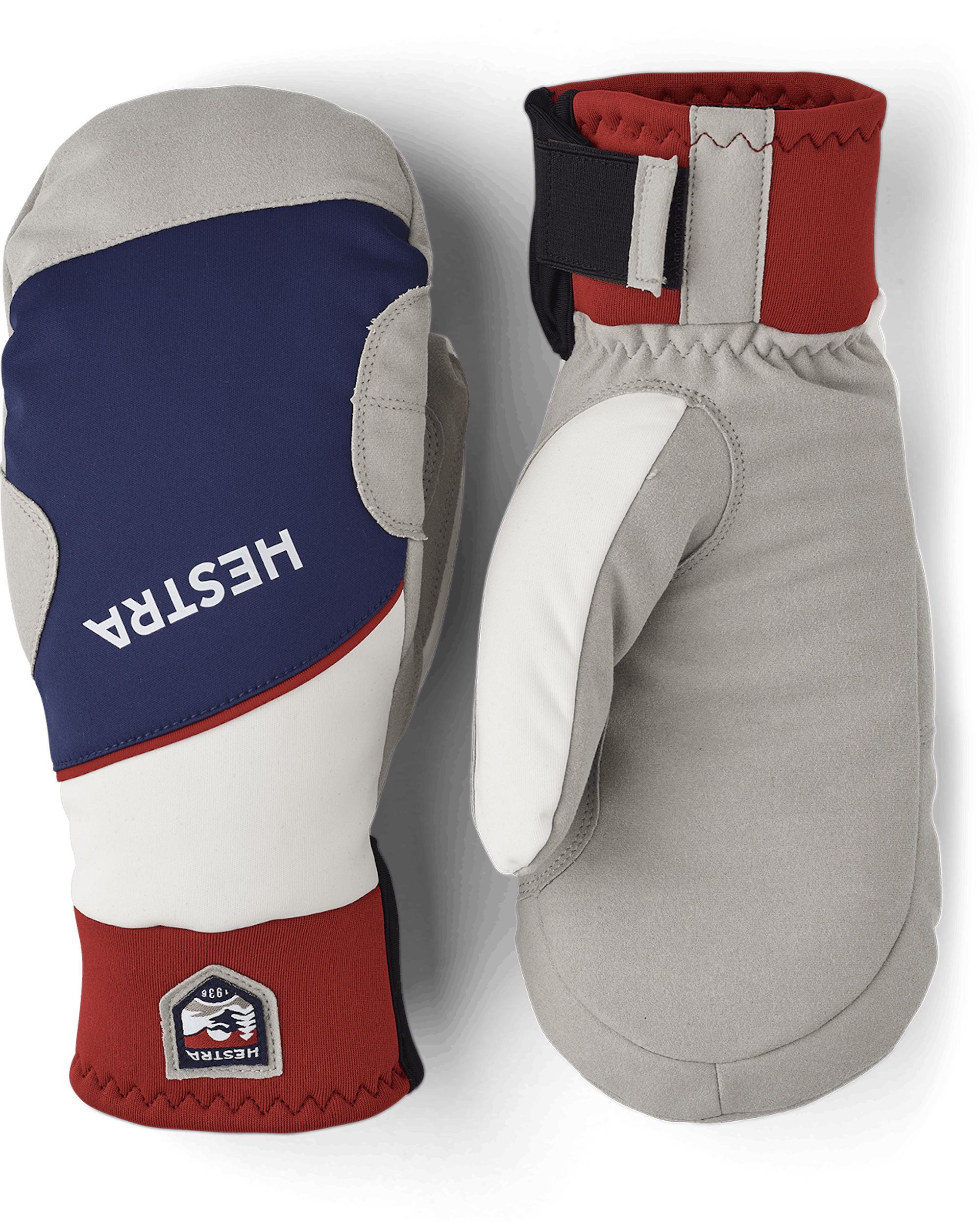 Blue and red fabric mitten with gray synthetic suede palm (1 of 6)