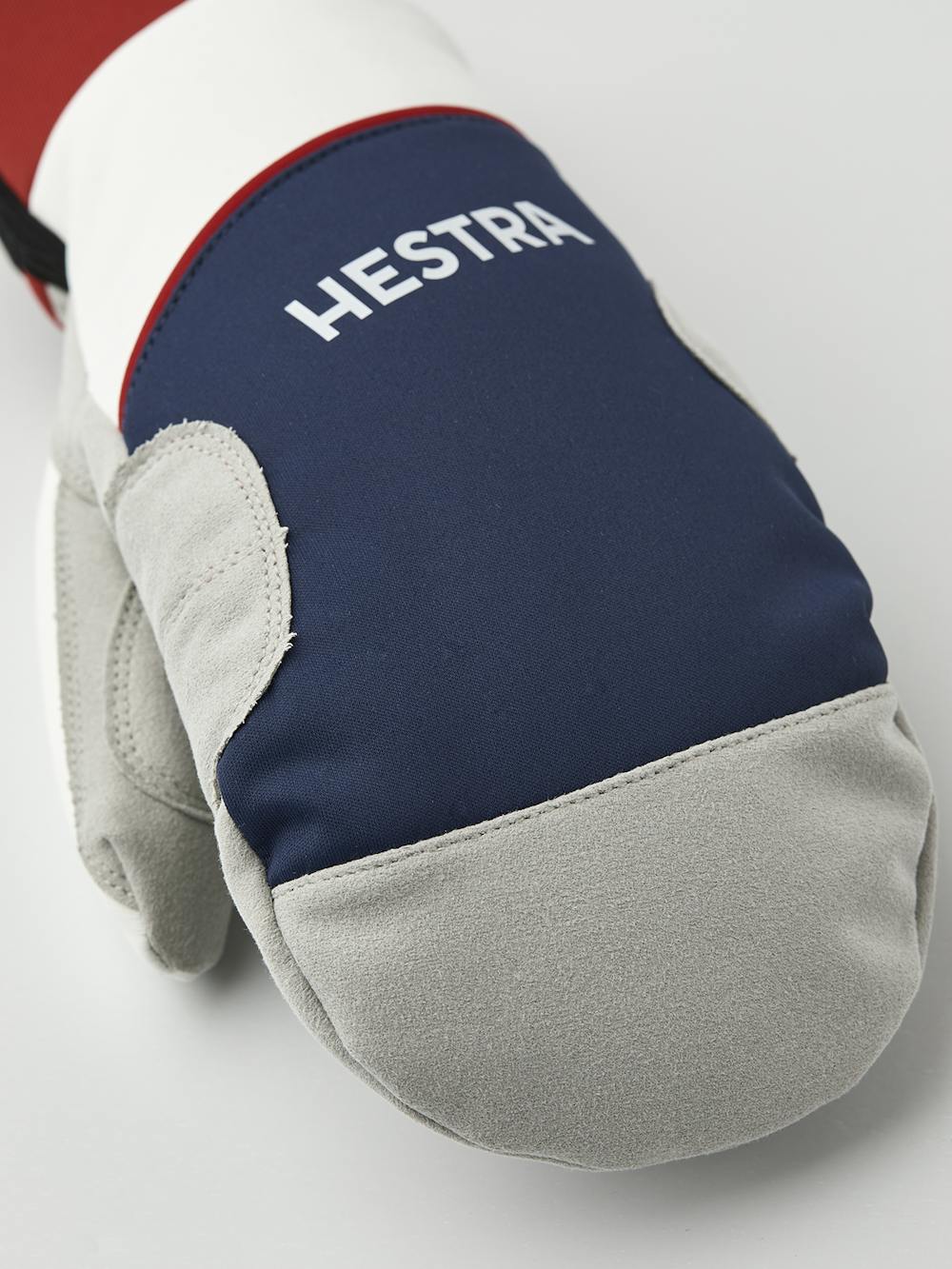 Blue and red fabric mitten with gray synthetic suede palm (3 of 6)