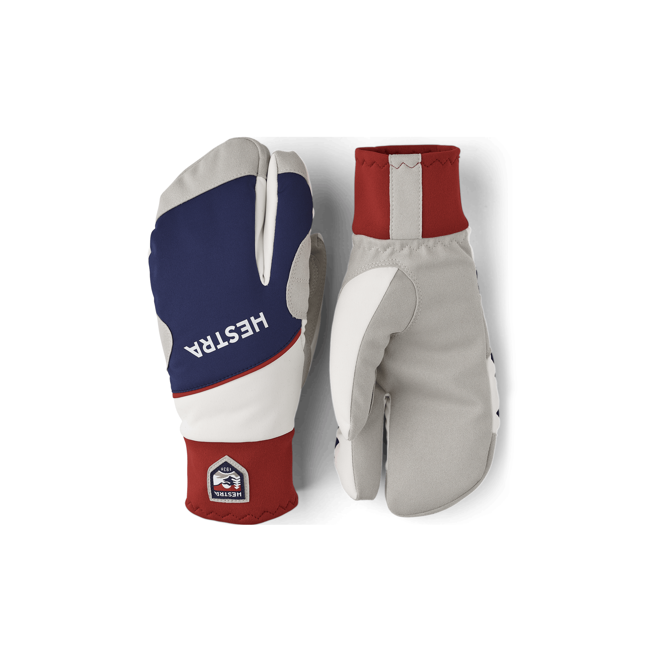 Blue and red fabric three finger glove with gray synthetic suede palm  (1 of 5)